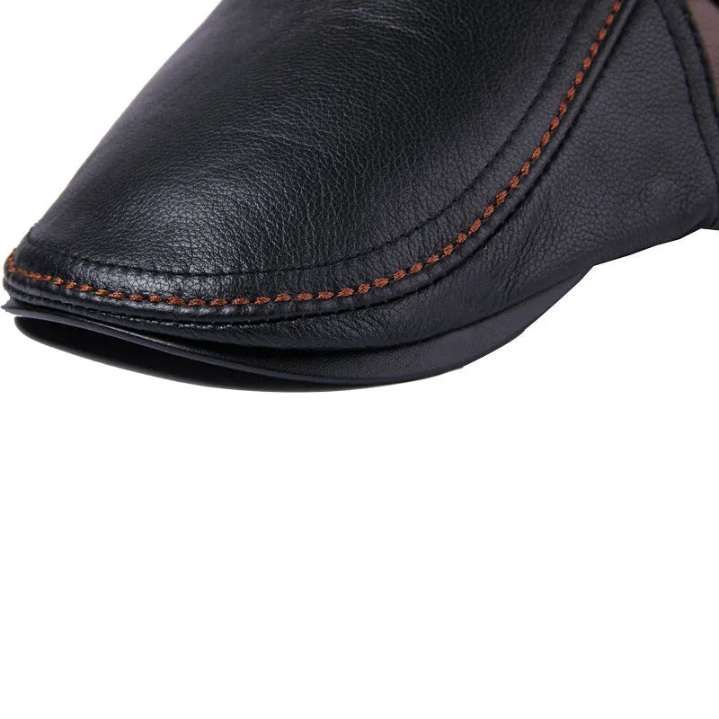 Men's cowhide leather peaked cap with short brim dome style in black brown sizes L XL XXL