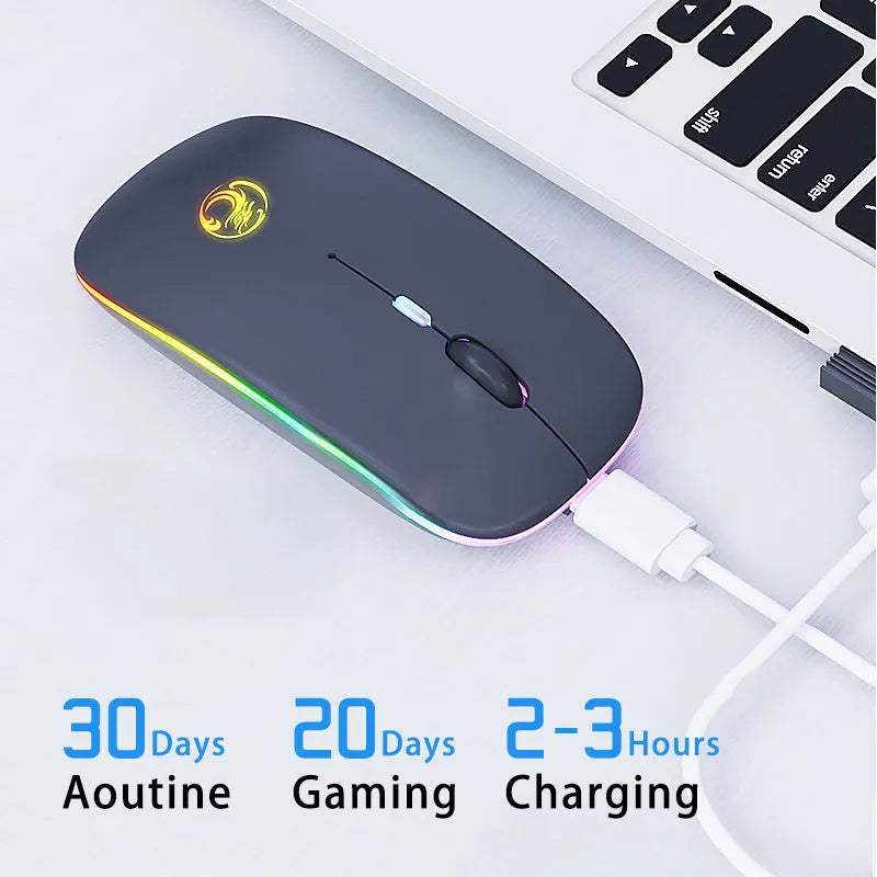 Black and white luminous charging silent wireless mouse on a desk with adjustable DPI and Bluetooth connectivity.