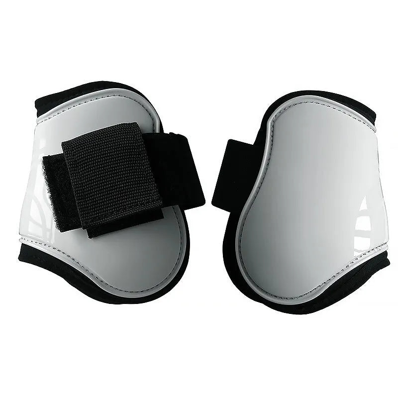 Horse leg guards in PU diving material, close-up on a front leg guard showing red colour and padded construction