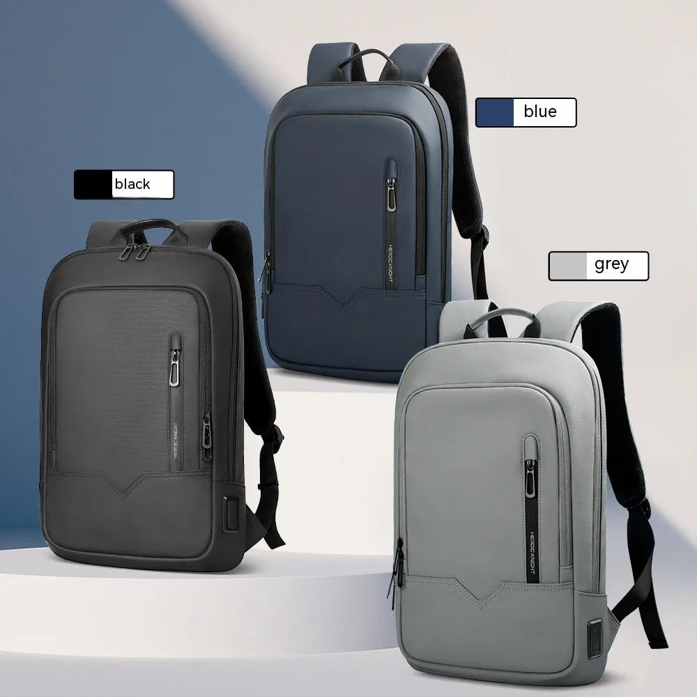 Gray business lightweight multifunctional backpack with USB port for men, Oxford cloth, solid colour