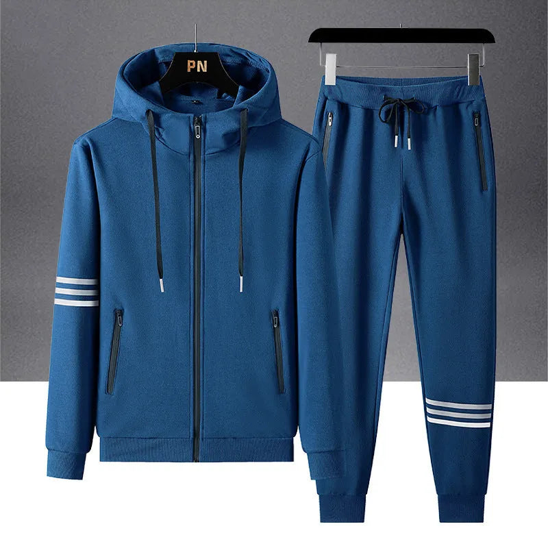 Men's pure cotton hooded sweater and trousers two-piece set in green, front view