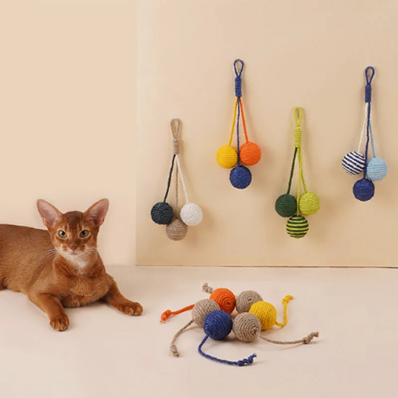 Cat toy set with teaser stick, catnip ball, and four interactive toys in blue, green, or red yellow blue colours