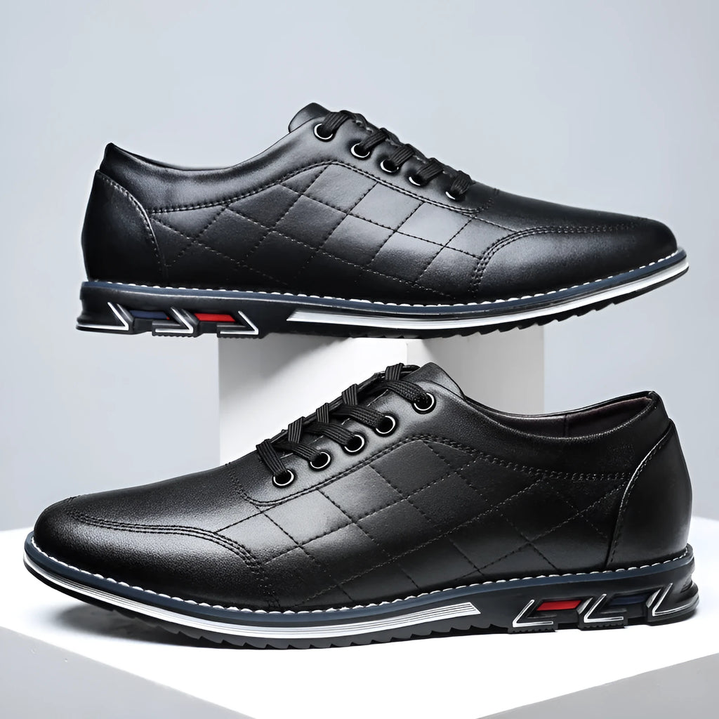 Non-slip casual sports shoes with round toe, square heel, lace-up front, artificial PU upper, rubber sole, black colour