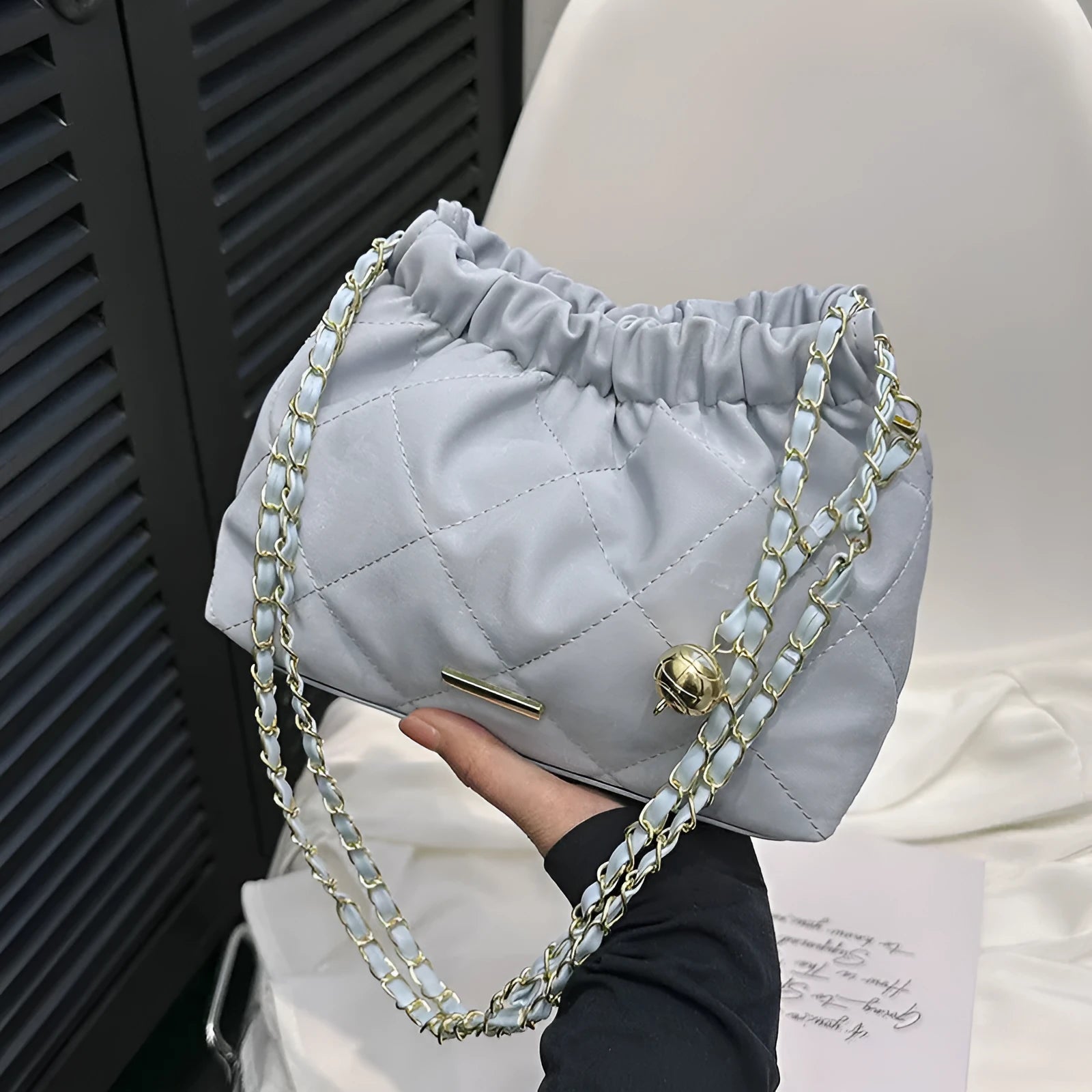 Fashion rhombus chain shoulder messenger bag in white PU soft synthetic leather with chain strap