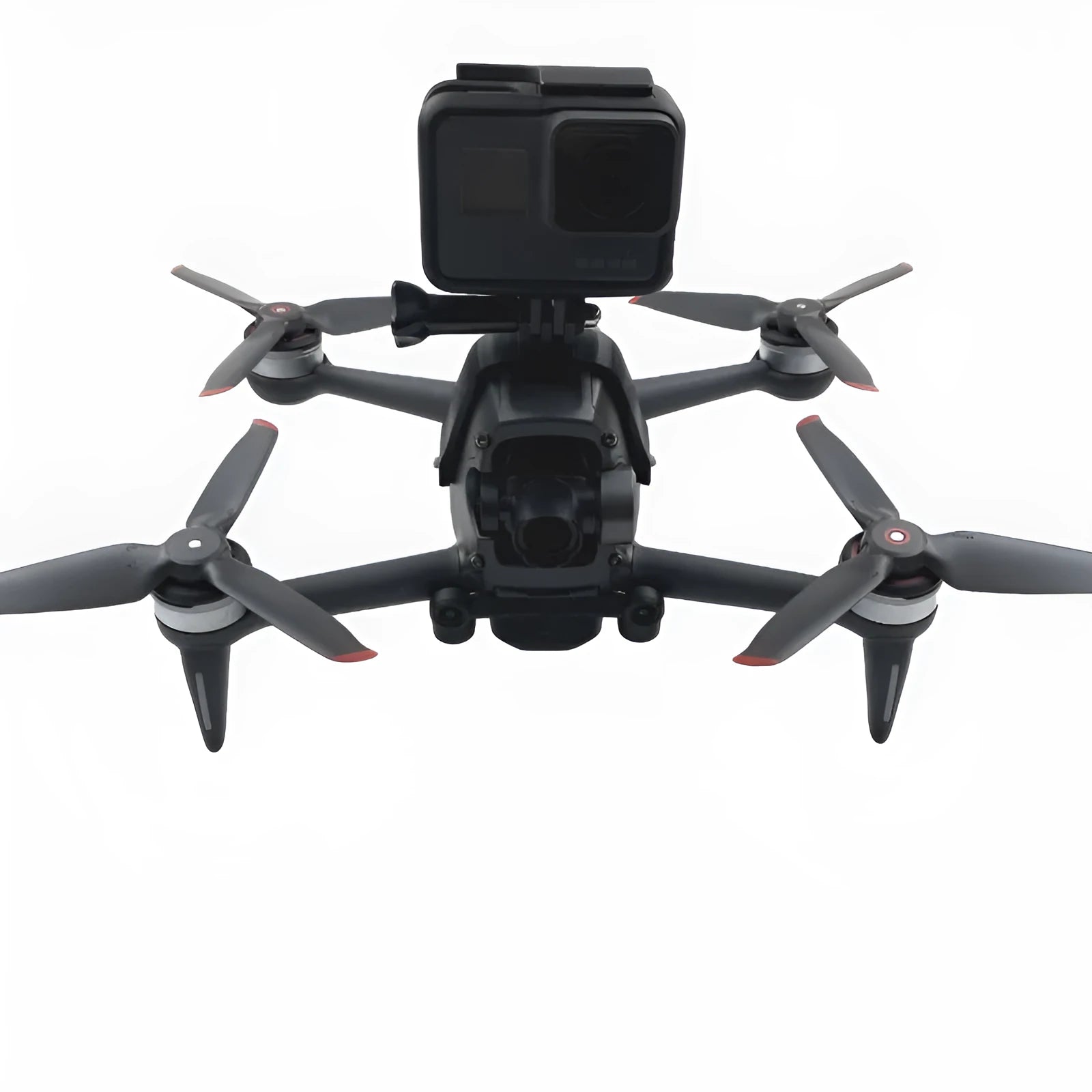3D-printed hard plastic FPV drone top expansion bracket with soft sponge pad for mounting GoPro cameras.