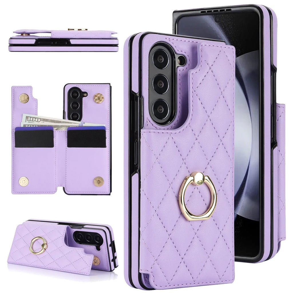PU leather folding phone case for Samsung Z Fold 5, 4, 3 and 6 with ring stand and double buckle in black, blue, purple, red, rose gold or white