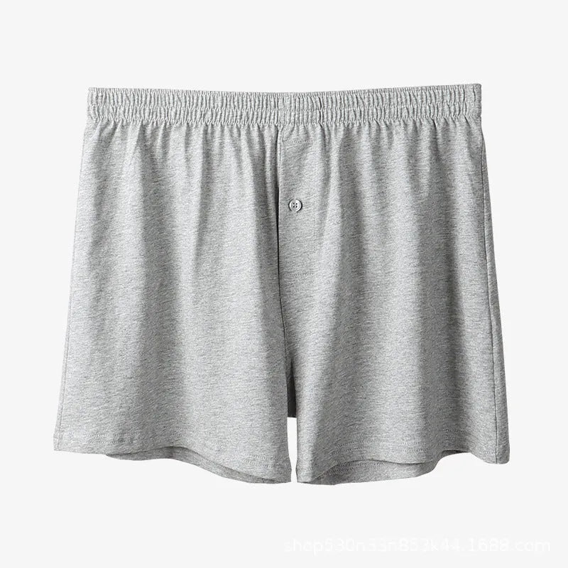 Men's pure cotton boxer shorts in black, light grey and navy blue colours showing high-waist loose fit design