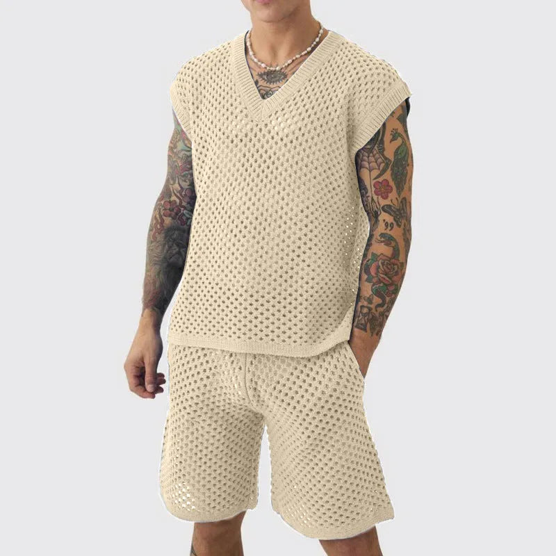 Men's blue V-neck knitted vest and matching shorts sports set laid flat.