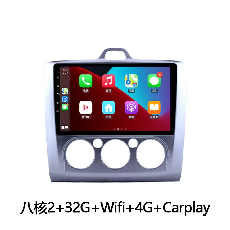 Android smart car head unit with 9-inch touchscreen for Ford Fox, showing interface with climate controls and navigation.