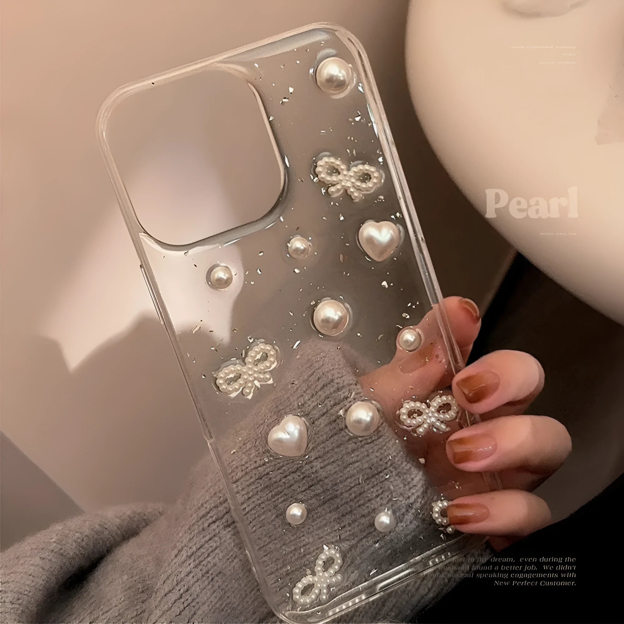 Epoxy stereo transparent TPU phone case for iPhone with love pearl white knot design