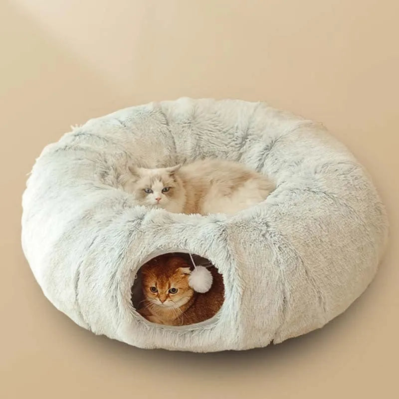 Plush cat bed with tunnel in donut shape, removable cushion, non-slip base for indoor cats
