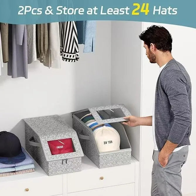 Grey foldable storage box with dimensions 42cm by 22cm by 17cm for cap and household organisation