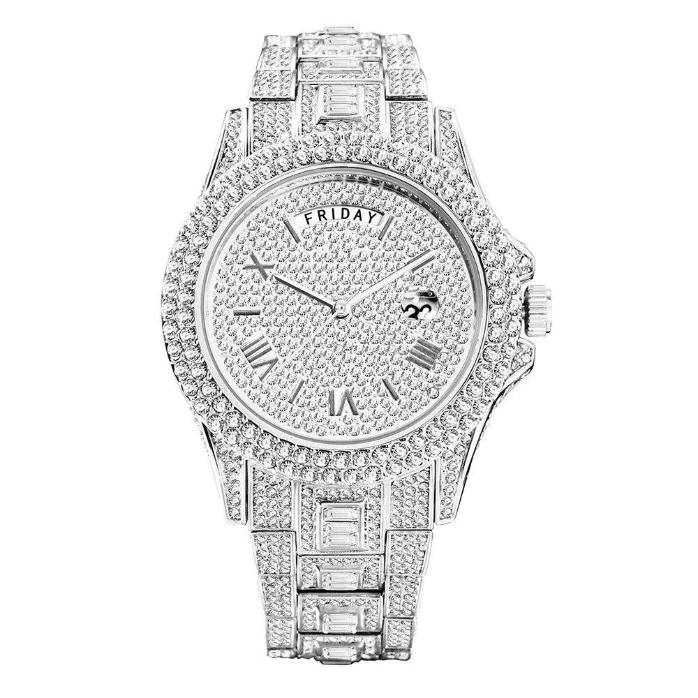 Men's full diamond luxury quartz watch with calendar in gold finish