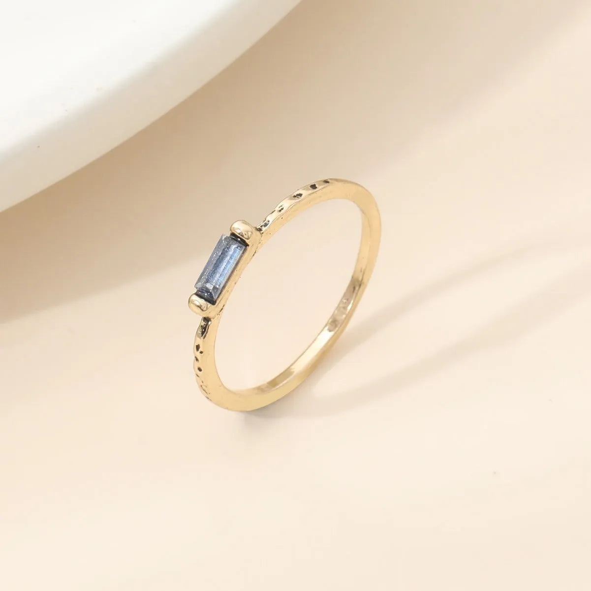 18K gold electroplated ring with square white cubic zirconia stone on geometric zinc alloy band, unisex sizing No 6-10