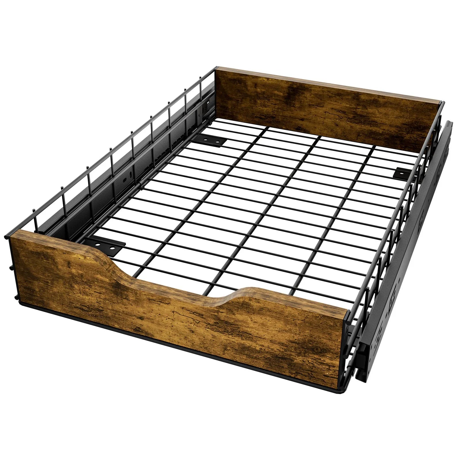 Black wooden and iron pull-basket storage rack with scalable design for home organisation