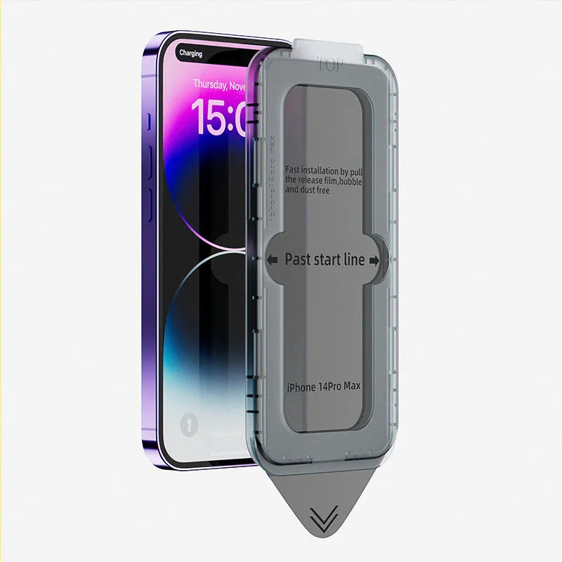 iPhone tempered glass screen protector with second sticker box application kit in transparent, frosted, and peep-proof finishes.