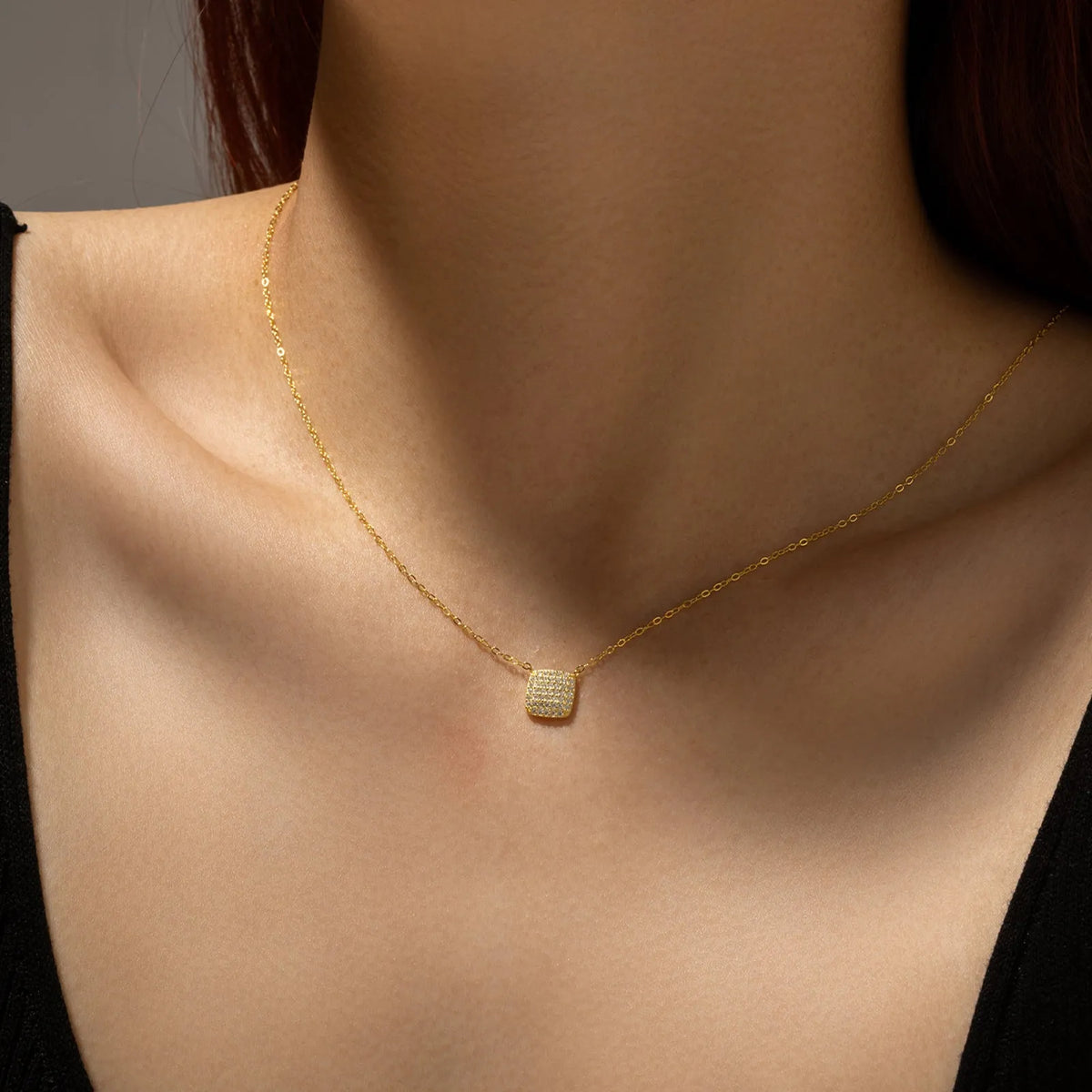 S925 sterling silver square stone full pave pendant necklace on regular chain with platinum or gold finish