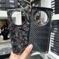 Carbon fibre phone shell for Huawei Mate60 Pro with forged pattern in black, heat dissipation hard case
