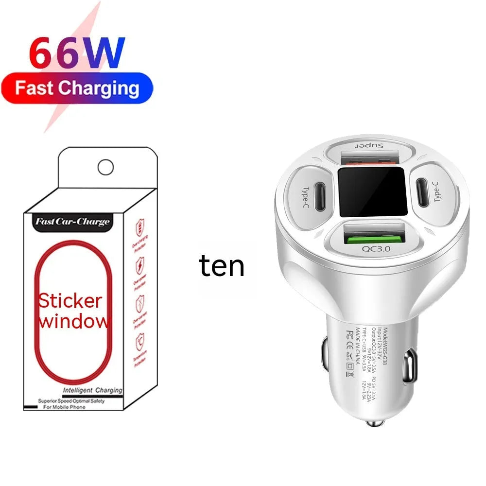 66W black car charger with digital display, two USB ports and two Type-C ports