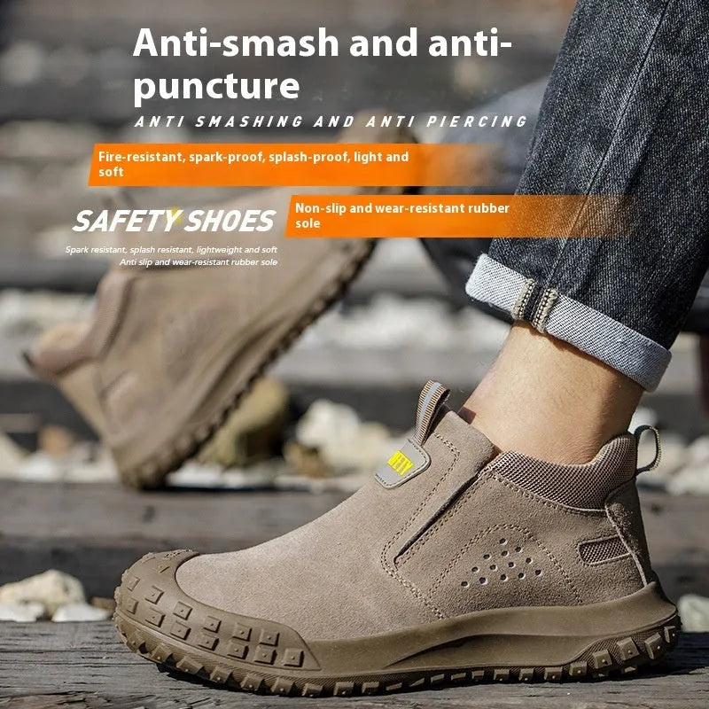 Mid-calf steel toe safety work boots in grey colour with suede leather and steel cloth upper for welding and industrial use