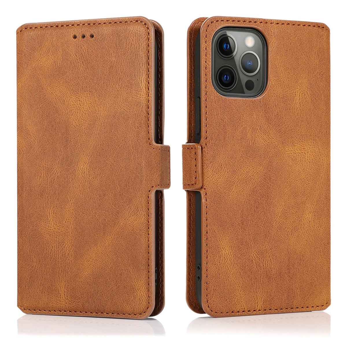 Clamshell phone case for Samsung with card slot, photo frame, and bracket in black PU TPU flip style.
