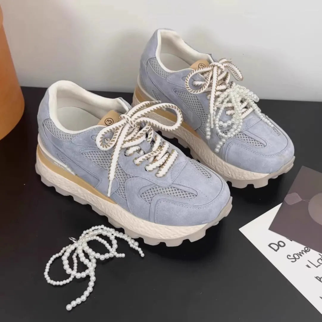 Women's height increasing insole Cortez platform shoes in apricot, white background, front lace-up sneaker style