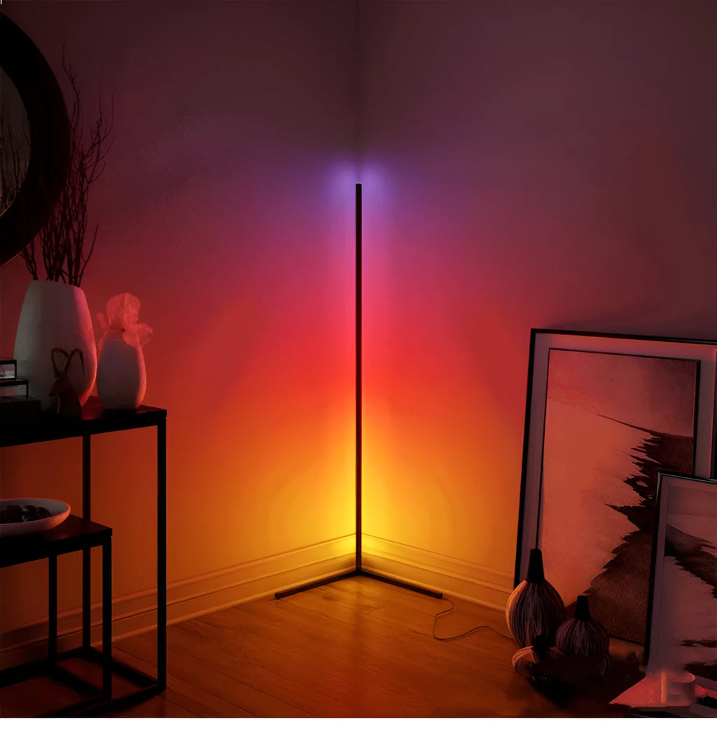Nordic RGB corner floor lamp with aluminium shade, PVC body, remote control, 1.42m height, black finish against a light wall
