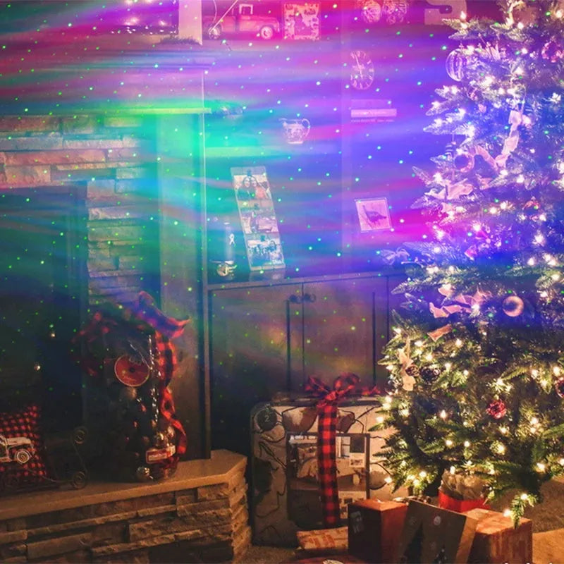 White Aurora Borealis star projector lamp with remote control projecting green stars and Northern Lights on wall