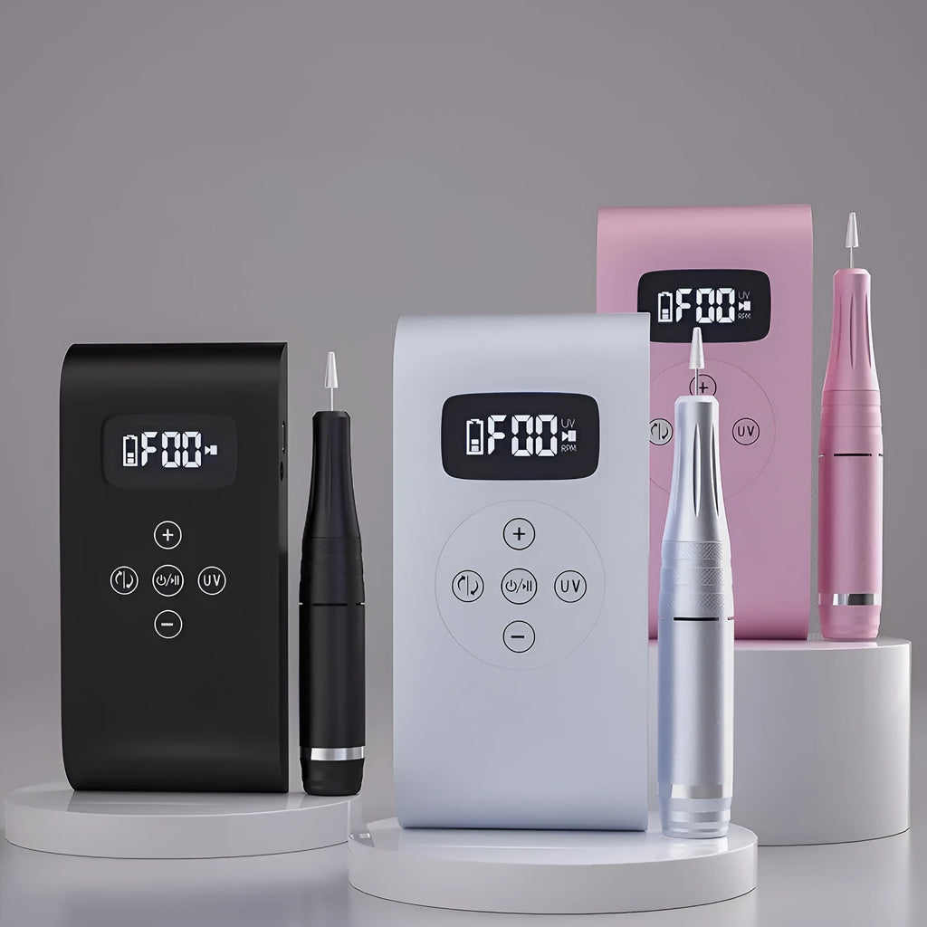 Silver battery nail polisher with stainless steel body and UV lamp on white background