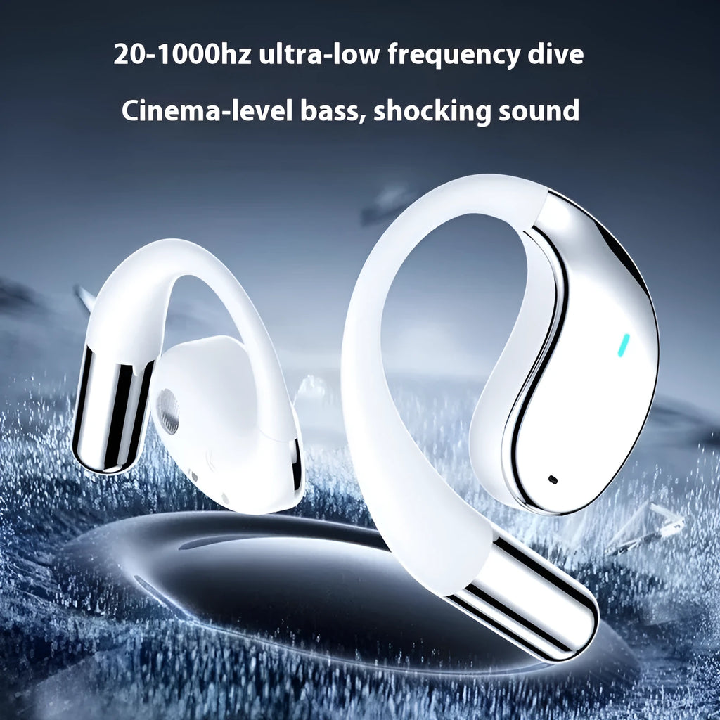 Black and beige hanging ear Bluetooth sports earphones with digital display on a white background.