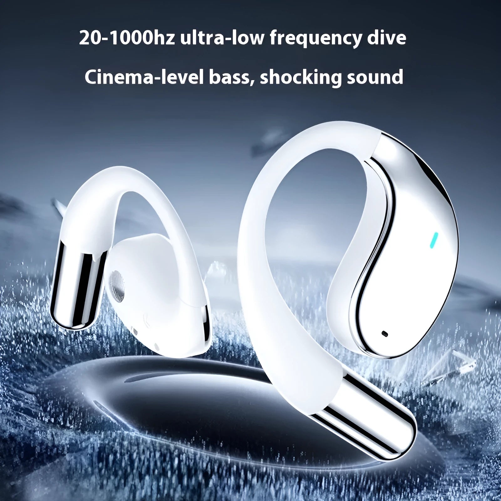 Black and beige hanging ear Bluetooth sports earphones with digital display on a white background.