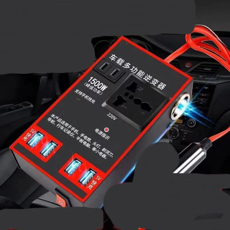 Black automotive power converter converting 12V/24V vehicle power to 220V AC with USB charging ports