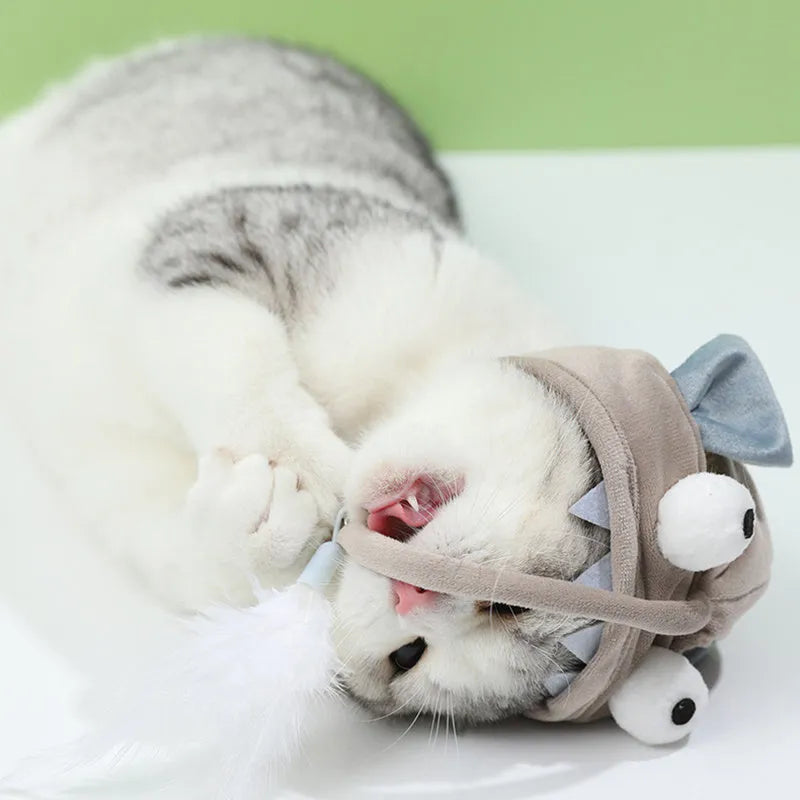 Grey headband cat toy with big-eyed fish teaser on adjustable 24-30cm band for hands-free feline play