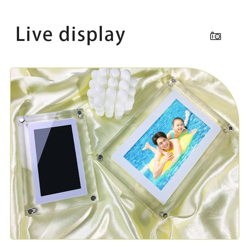 White acrylic digital photo frame with 5-inch vertical screen showing family photos