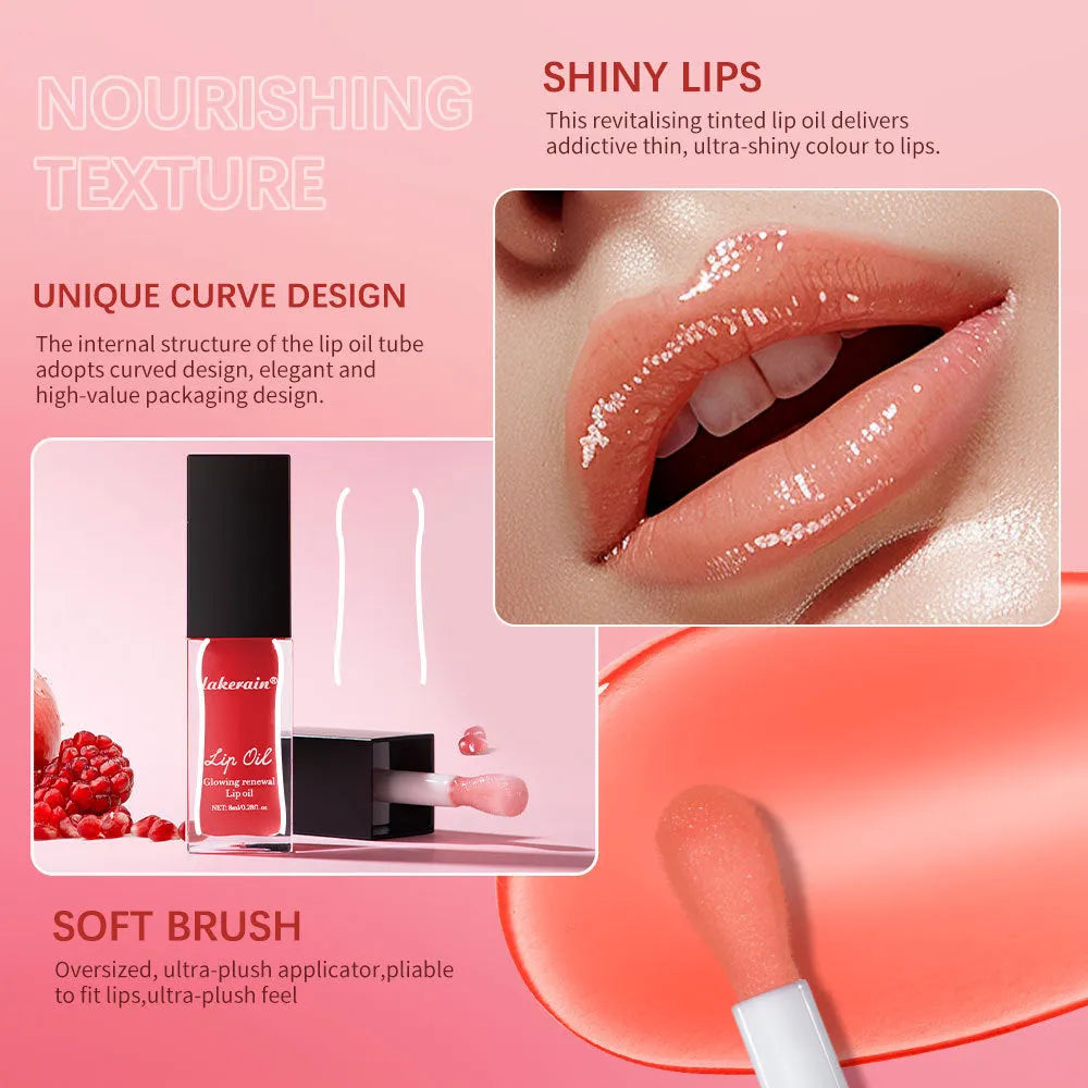 Lip gloss tube showing seven colour options including coral, honey, jam, pink, red, and rose variants