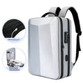 Black waterproof ABS PC business laptop backpack with curved shoulder straps and silver white accent