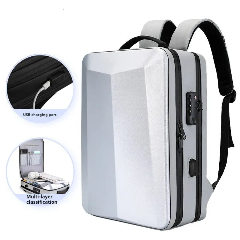 Black waterproof ABS PC business laptop backpack with curved shoulder straps and silver white accent