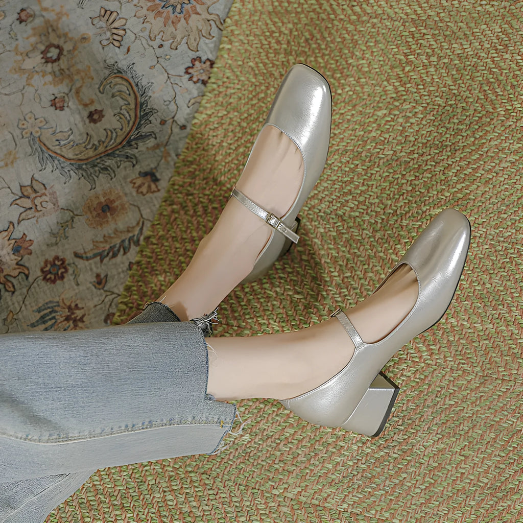 Women's square toe patent leather Mary Jane shoes with buckle and pearl detail, mid heel, black colour