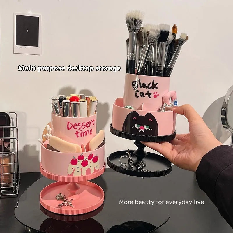Rotating beige cosmetic brush storage barrel with 18-litre capacity on a table.