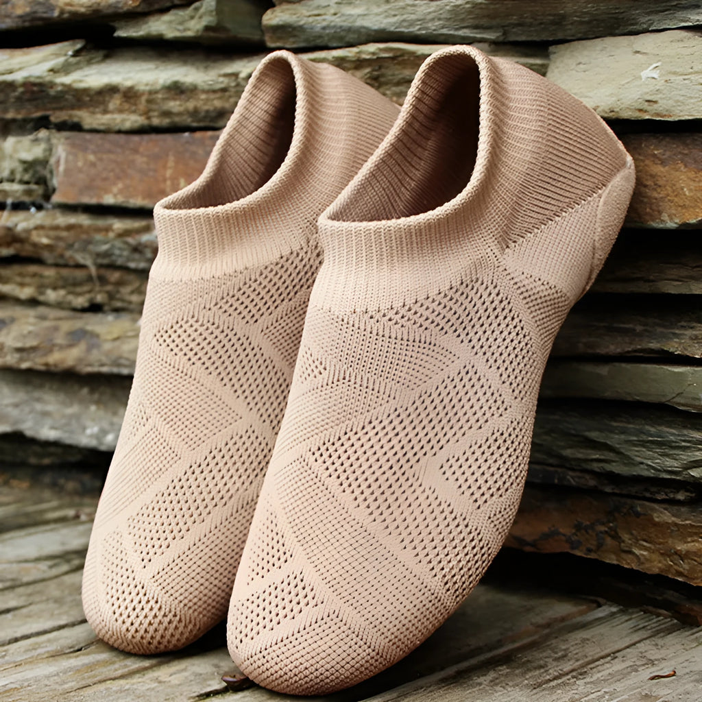 Camel colour Latin dance shoes with cotton mesh upper and leather sole for contemporary dance and yoga