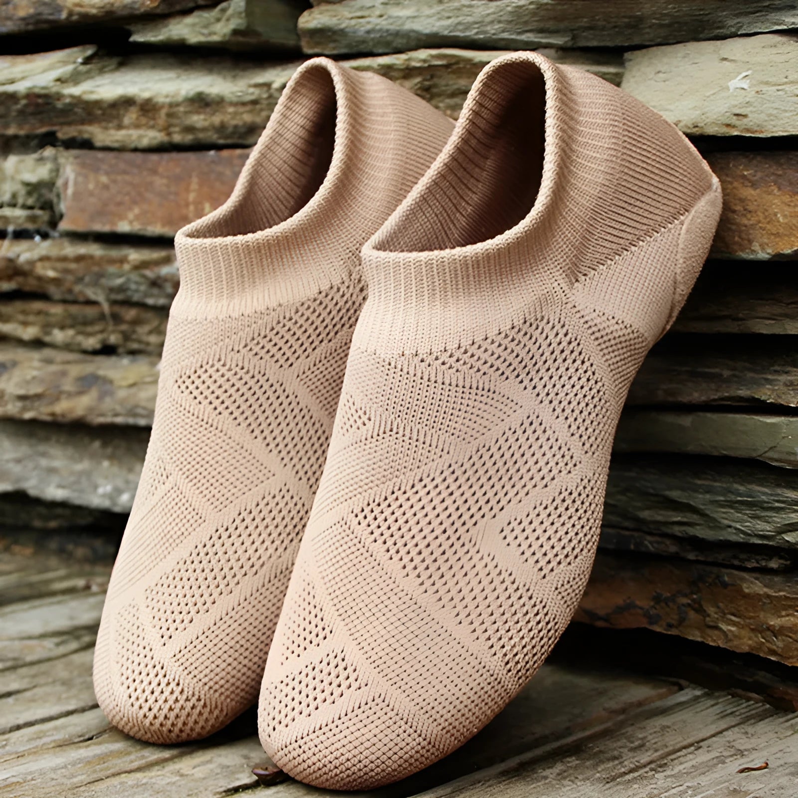 Camel colour Latin dance shoes with cotton mesh upper and leather sole for contemporary dance and yoga