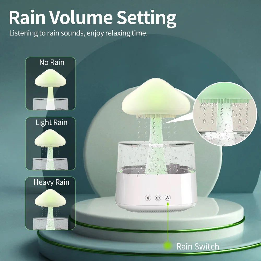 White rain cloud design desk humidifier and aromatherapy diffuser with mushroom-shaped night light on a wooden table.