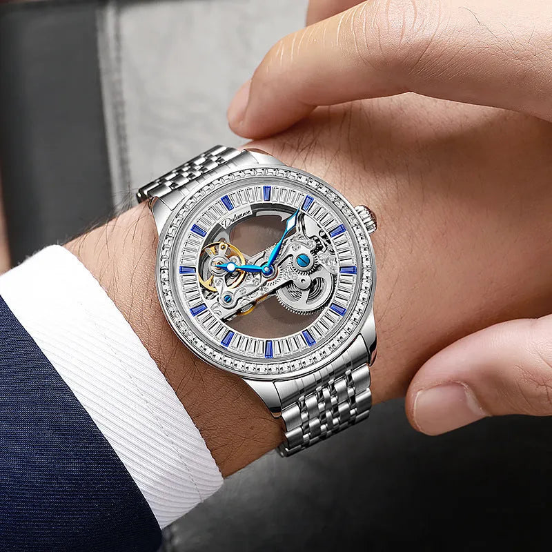 Men's luxury zircon dial waterproof mechanical watch on wrist with transparent case back