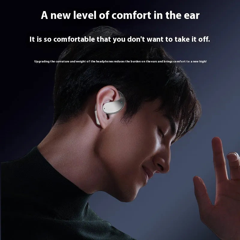 Black and beige hanging ear Bluetooth sports earphones with digital display on a white background.