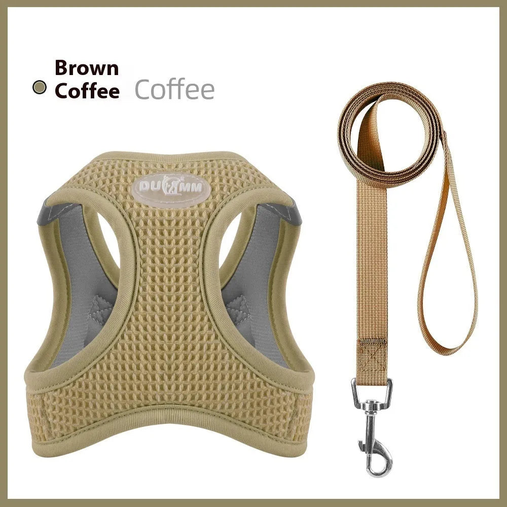 Brown waffle-texture cat harness with chest strap and matching pulling rope leash