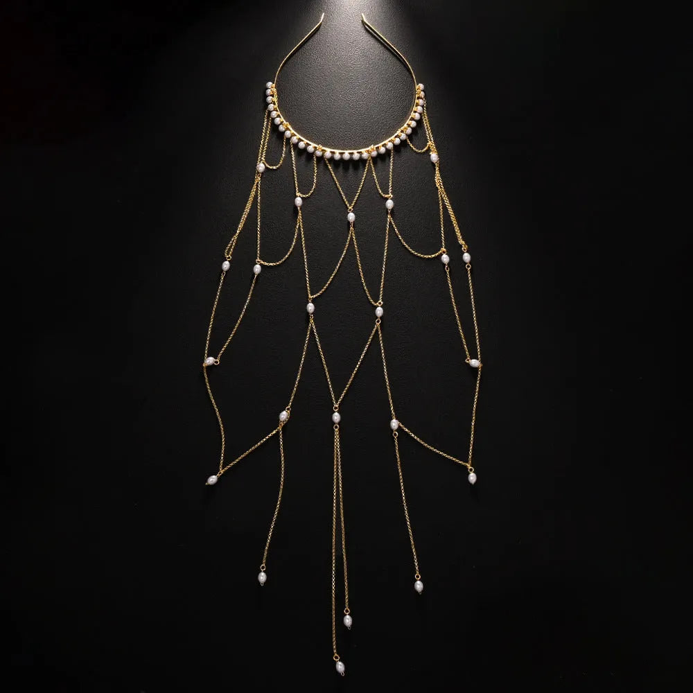 Gold and silver mesh tassel hair chain for women, showing pearl material and electroplated finish.