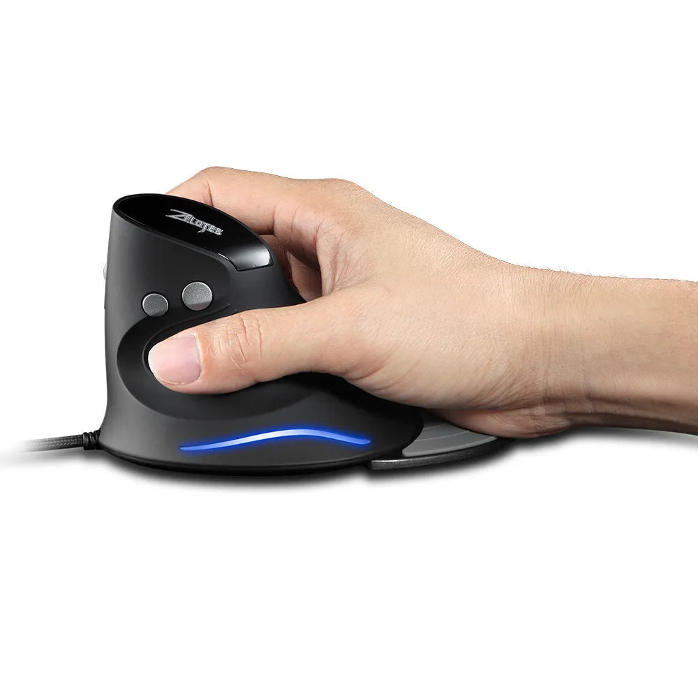 Wired ergonomic vertical snail-type mouse in black with 1.8m cable and 6 buttons