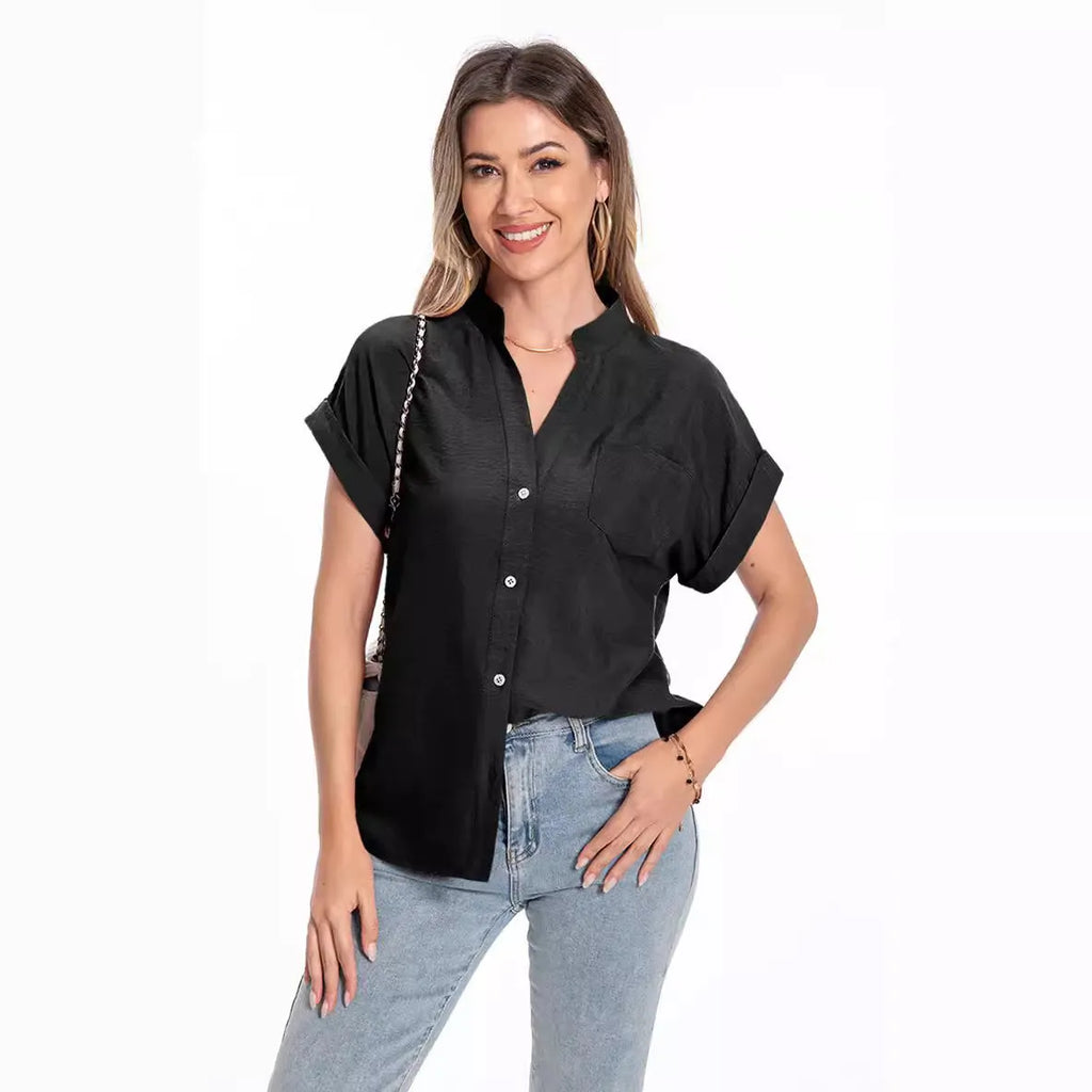 Women's loose-fit polyester summer top with stand collar and short raglan sleeves in Army Green.