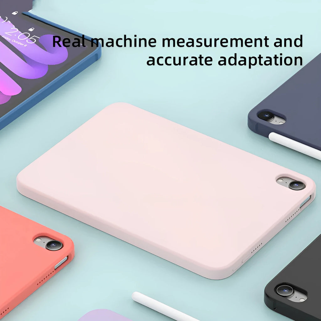Liquid silicone protective case for iPad tablets in various colours showing full-body coverage design