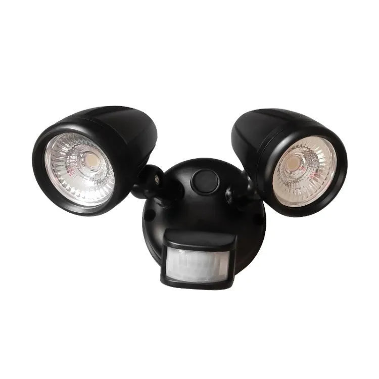 Double-headed IP65 induction wall lamp with aluminium shell, black colour, mounted on outdoor wall